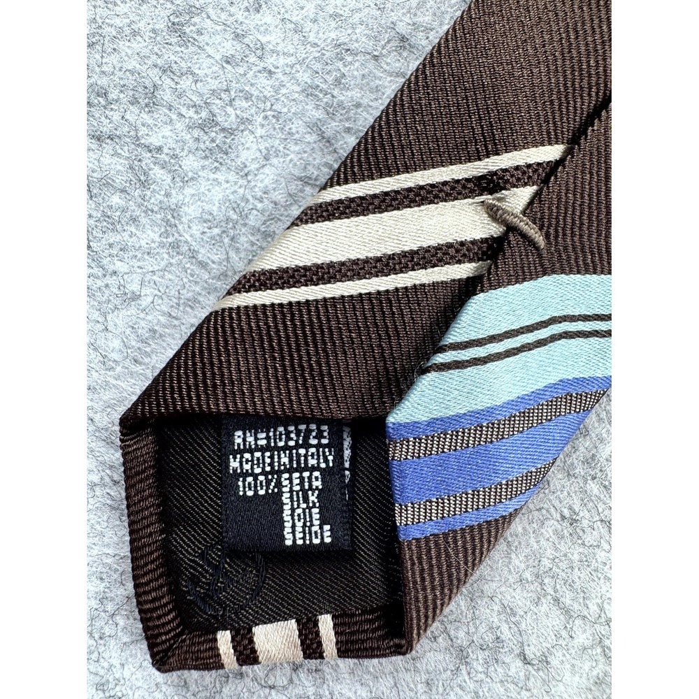 Giorgio Armani Tie Men's Brown Blue Striped Classic Outdoor 100% Silk Necktie - Picture 4 of 5